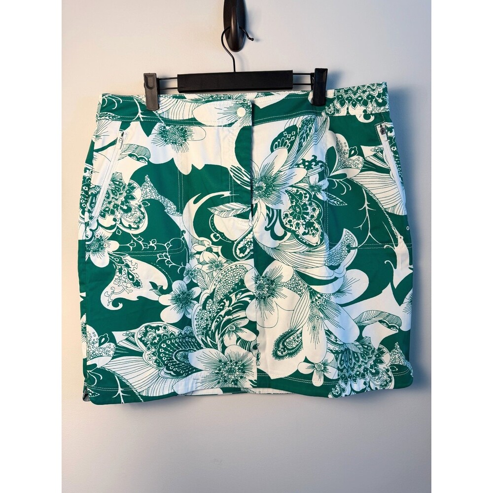 Talbots Green White Floral Skirt Womens Size 16 Golf Tennis Stretch Zip Pockets